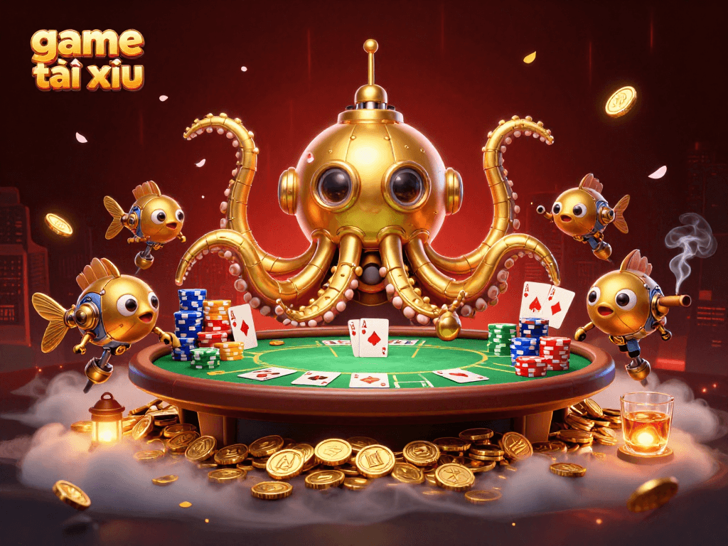 Experience the thrill of game tài xỉu with an illustrated scene of grandeur, golden coins, and strategic poker game elements.