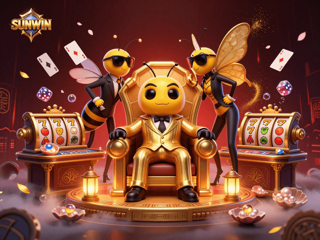 SUNWIN gaming scene featuring a cartoon mob boss and wasp bodyguards amid vibrant casino elements.