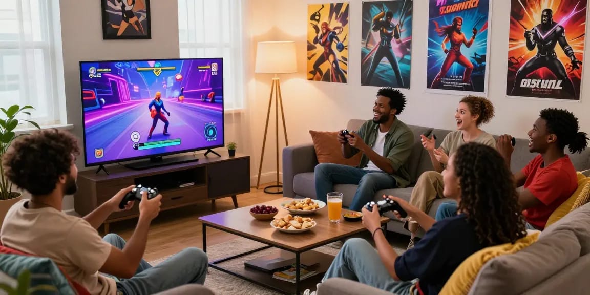 Engaging moment in a cozy living room playing a sex simulator with friends