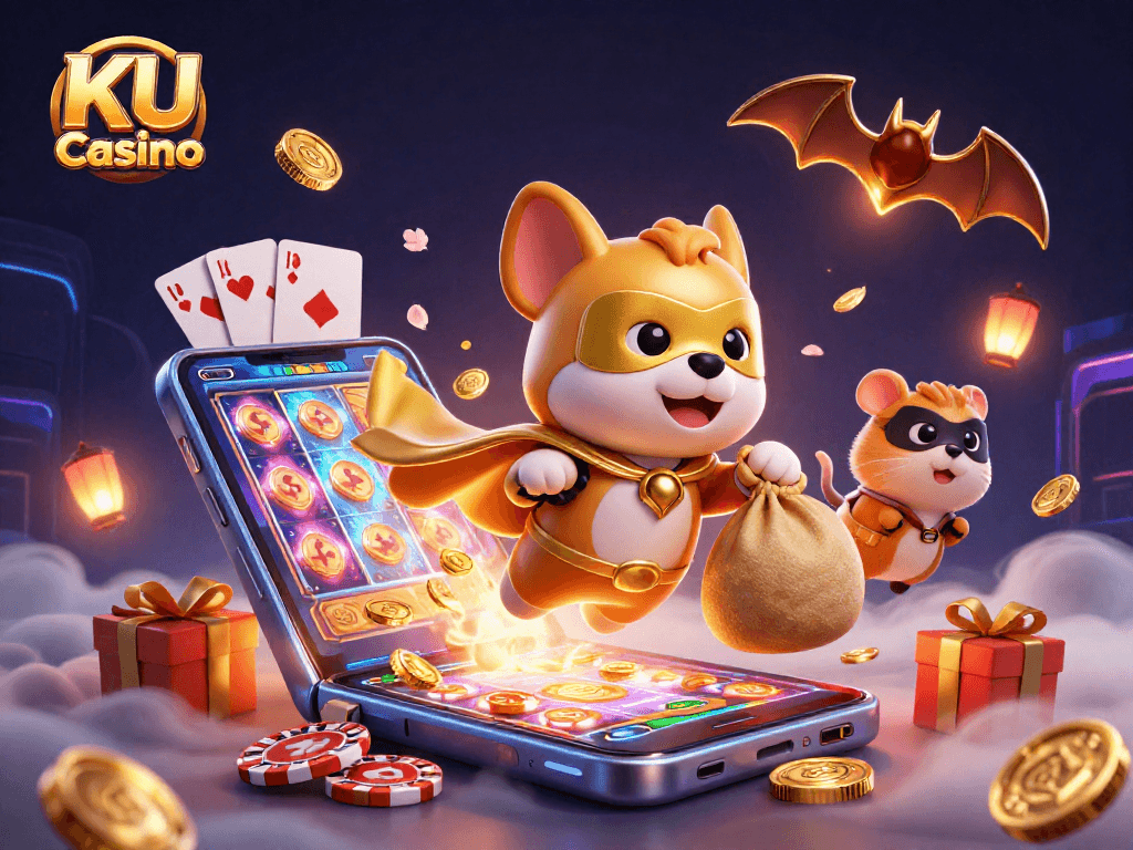 Experience the excitement of KU Casino with a superhero dog and hamster exploring a vibrant digital gaming world.