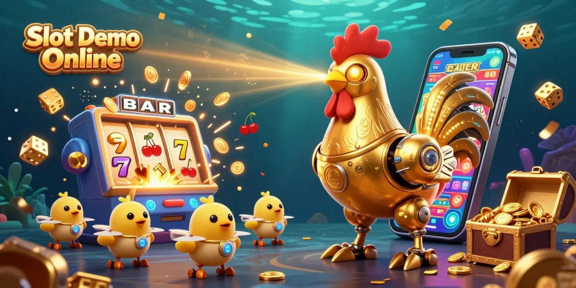 Experience Slot Demo Online with a golden rooster robot commanding a jackpot explosion and baby chick drones.