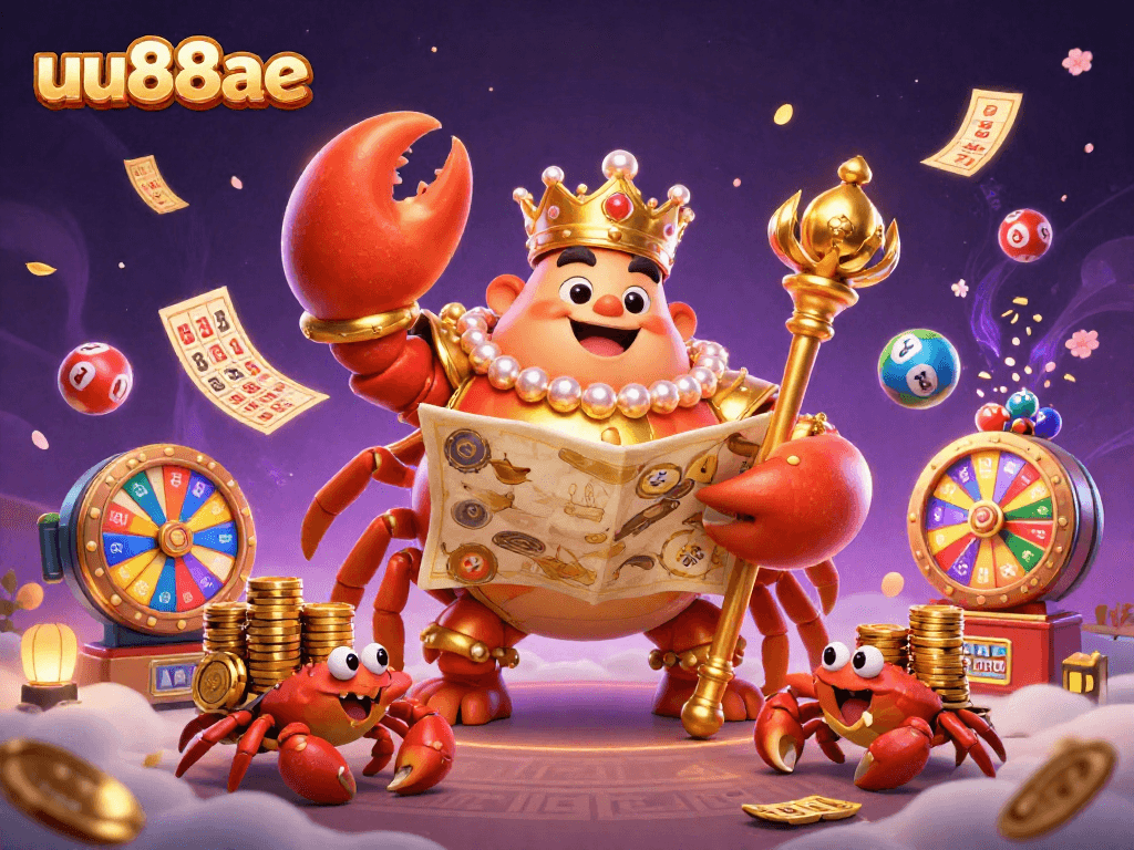 Play exciting games at uu88ae with the golden crab emperor and a vibrant treasure scene.