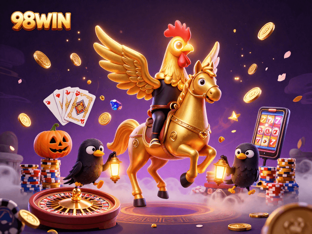 Experience exhilarating wins with 98WIN in this dynamic casino scene filled with golden coins and excitement.
