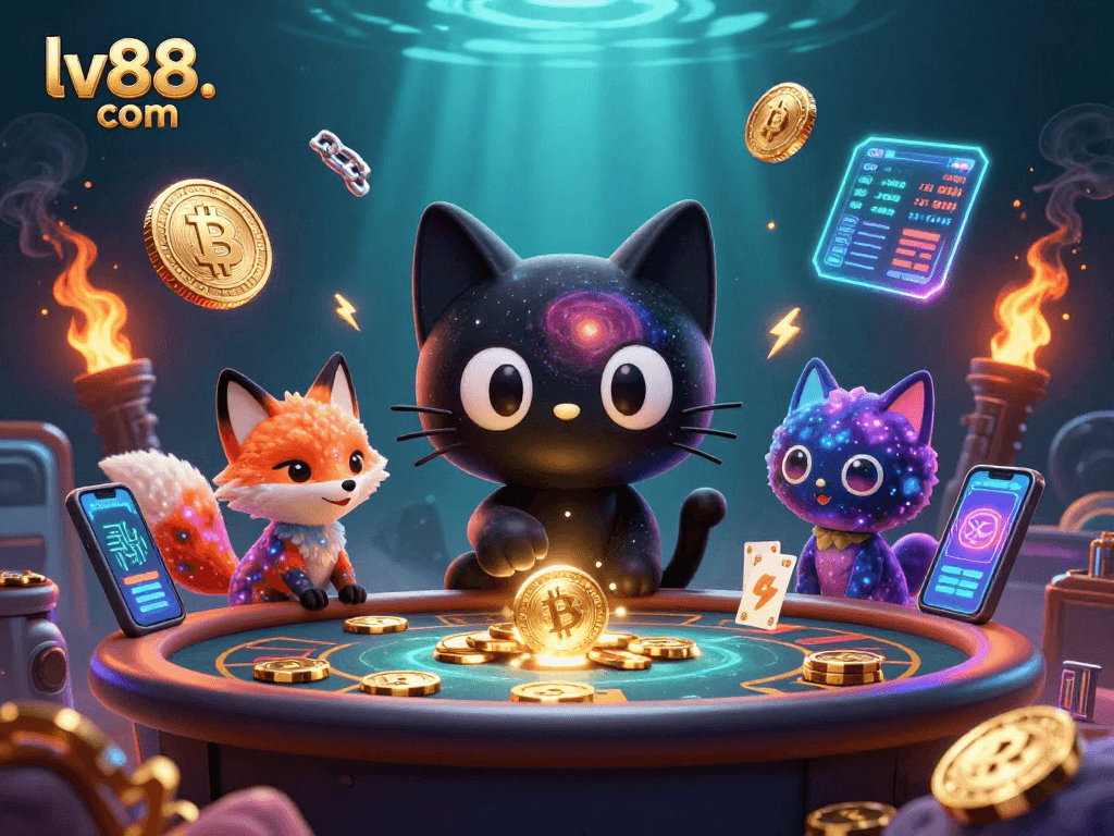 Engage in exciting action at lv88. com with vibrant 3D casino characters and crypto elements in a dynamic scene.