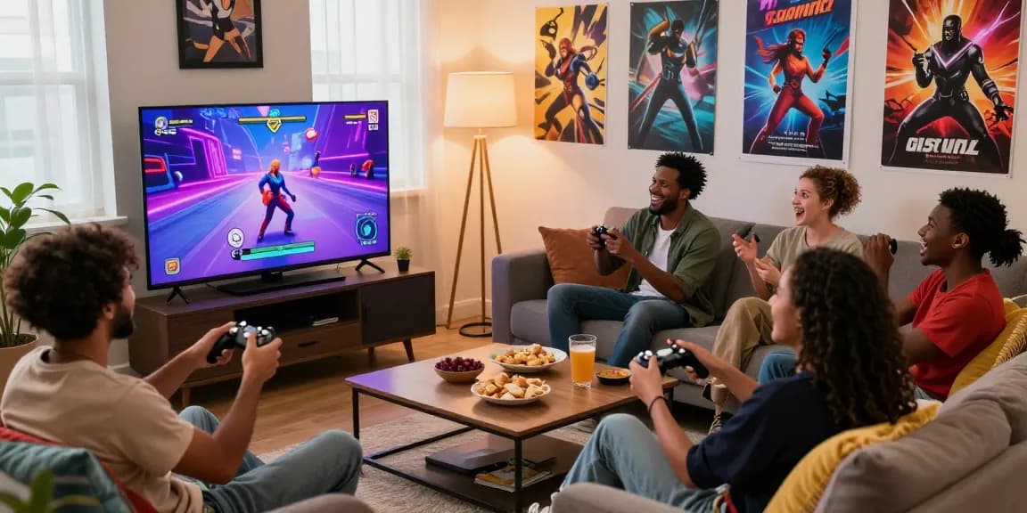 Engaging moment in a cozy living room playing a sex simulator with friends