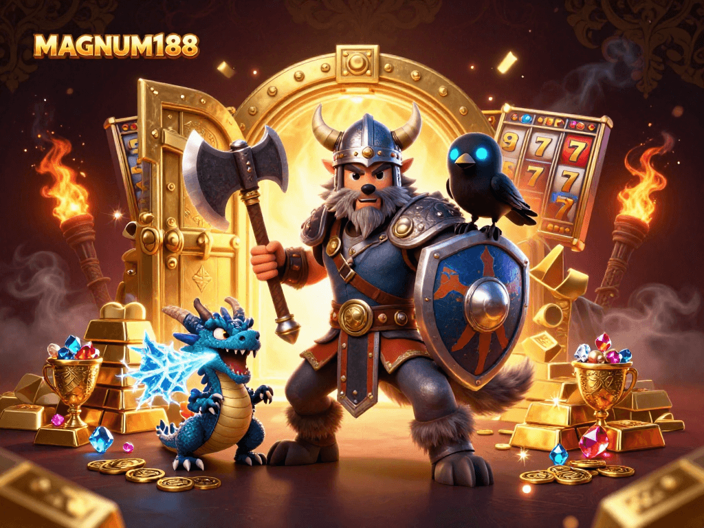 Experience exciting slots with MAGNUM188 featuring a Viking warrior and treasure.