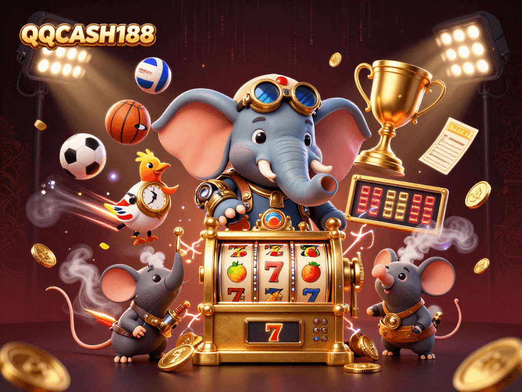 Experience the thrill at QQCASH188 with a steampunk elephant managing a golden slot machine amidst dazzling gaming elements.
