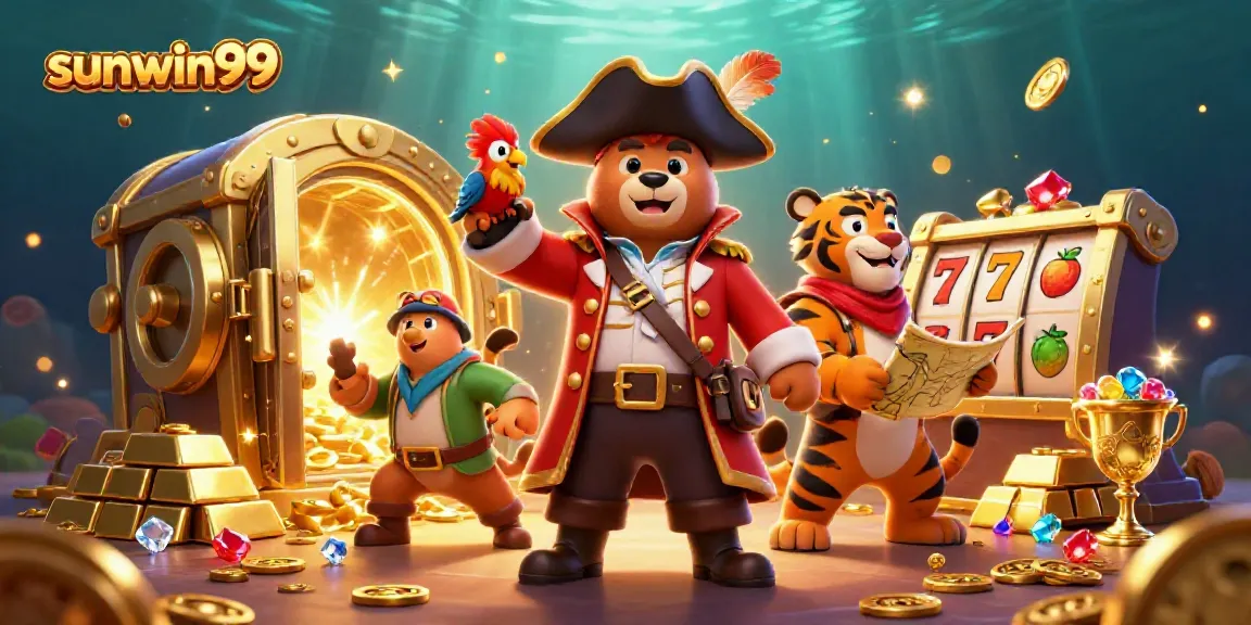 Experience sunwin99 with pirate characters amid treasures and slots, showcasing gaming excitement.