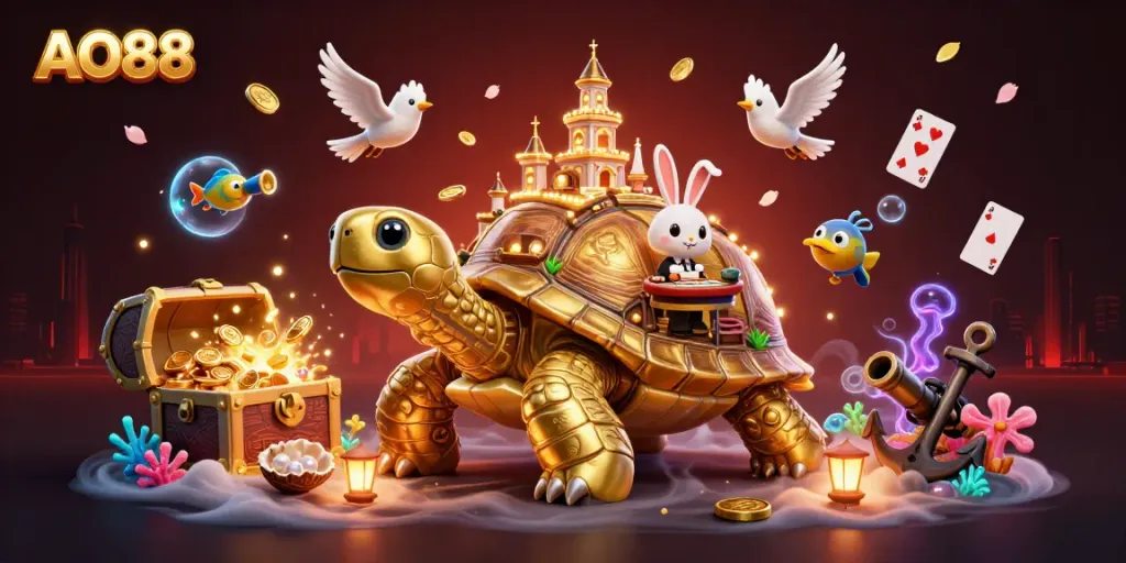 Experience thrilling gold-winning moments with AO88’s vibrant gaming universe featuring a massive tortoise casino.