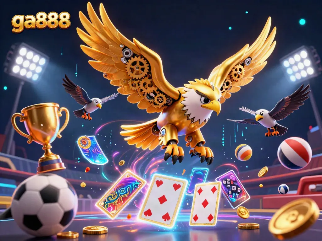 Join the excitement at ga888, where a cybernetic eagle takes flight amidst vibrant casino elements and energetic sports.