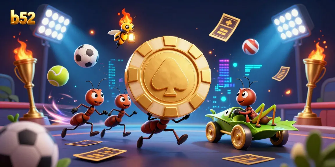 B52-themed heist scene with cartoon ants carrying a poker chip, embodying casino excitement.