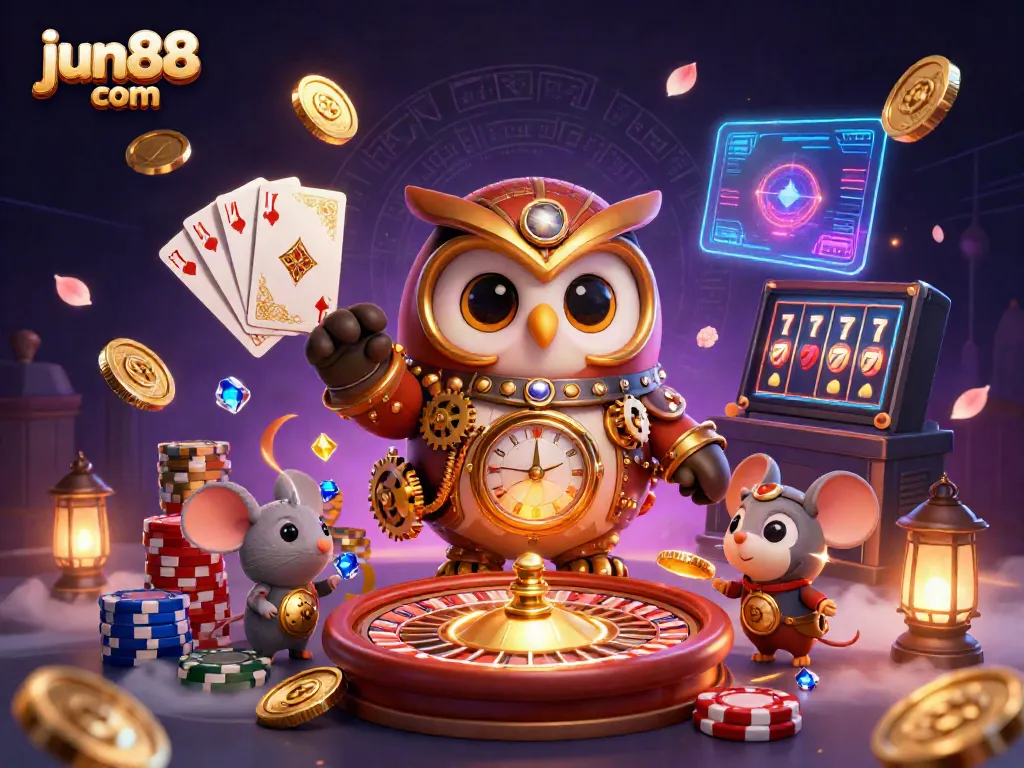Experience thrilling gameplay at jun88 com with a time-traveler owl amidst dynamic casino elements.