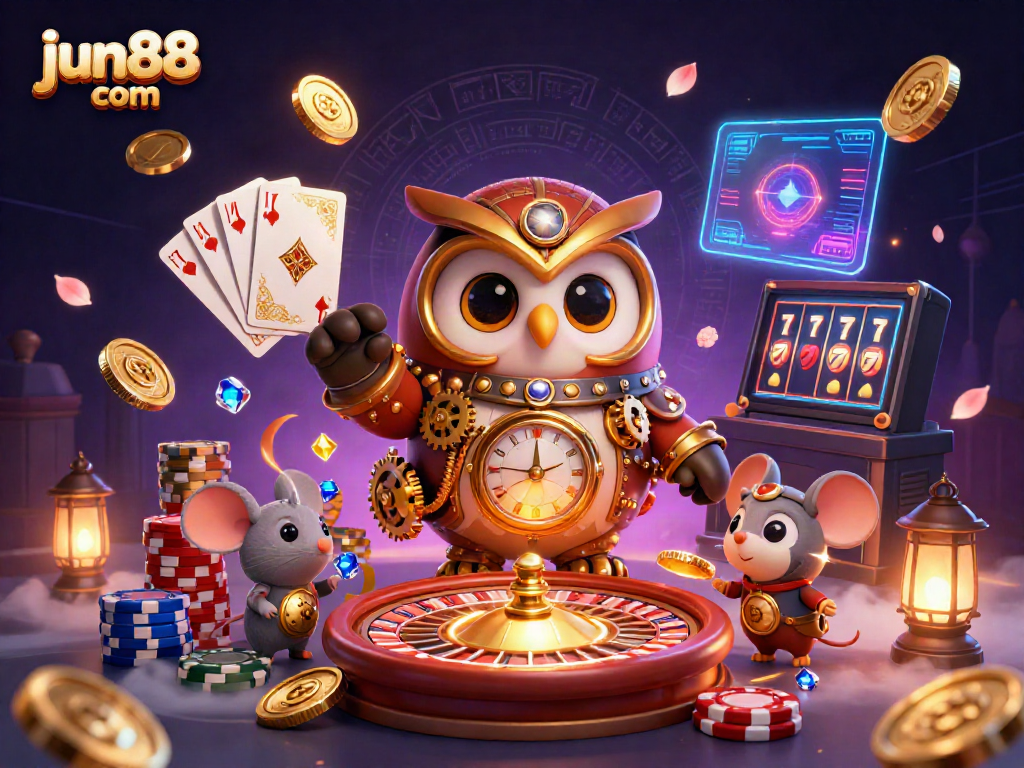Experience thrilling gameplay at jun88 com with a time-traveler owl amidst dynamic casino elements.