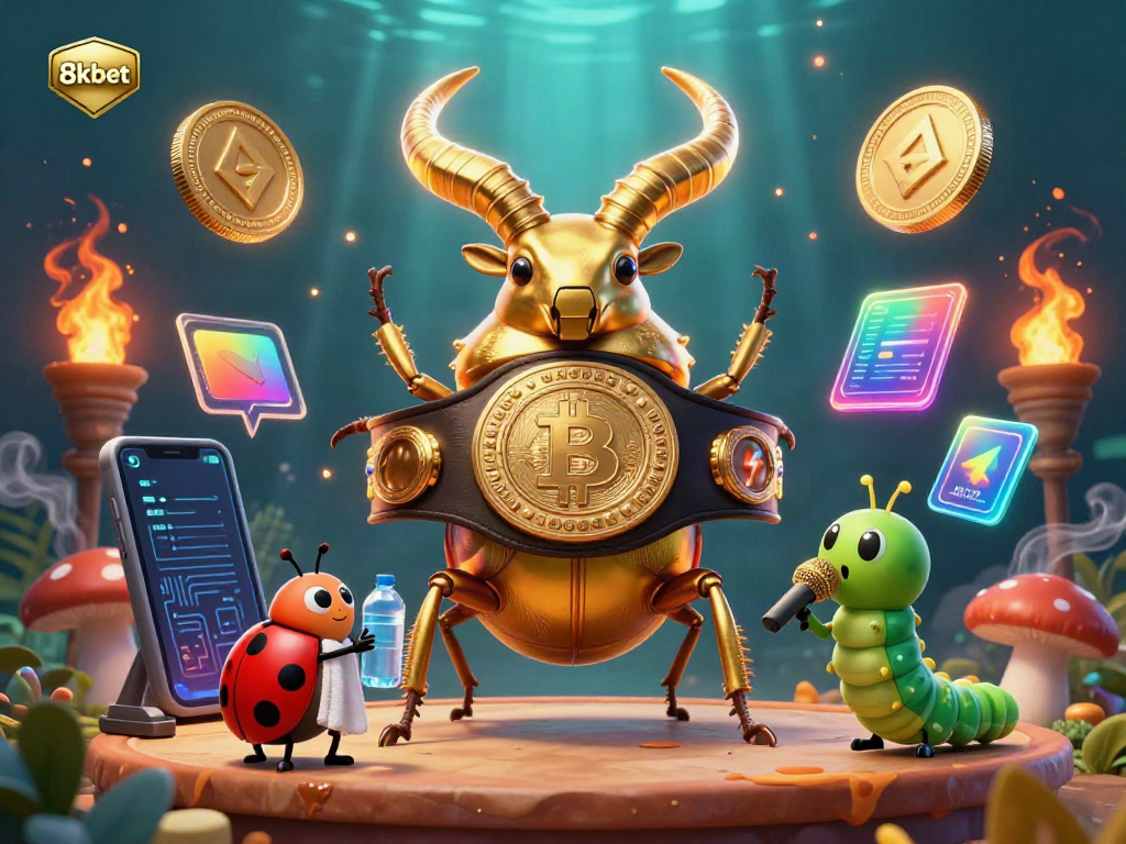 Experience 8kbet's vibrant casino world with a boxing stag beetle and crypto elements.