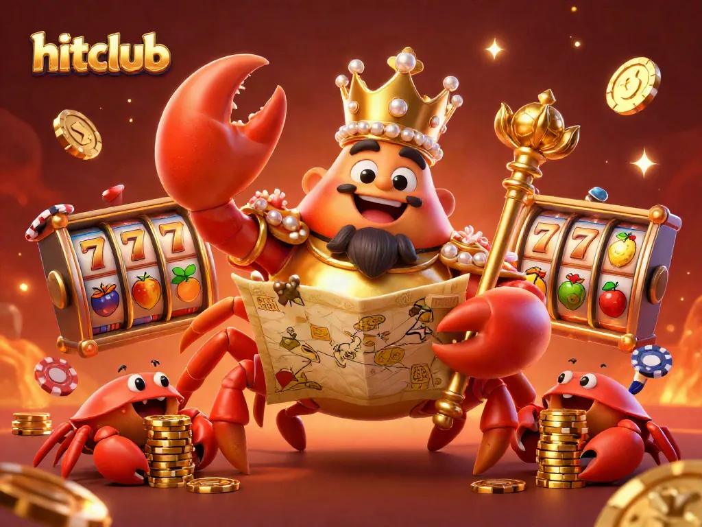 Experience thrilling gameplay at hitclub with a vibrant casino scene featuring a golden crab emperor and slot elements.