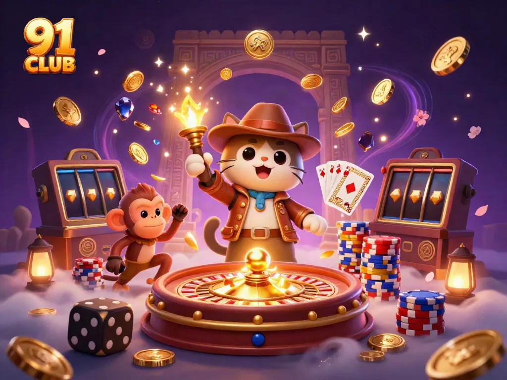Engage with the 91 CLUB as a cat archaeologist uncovers treasures in a dynamic casino scene.