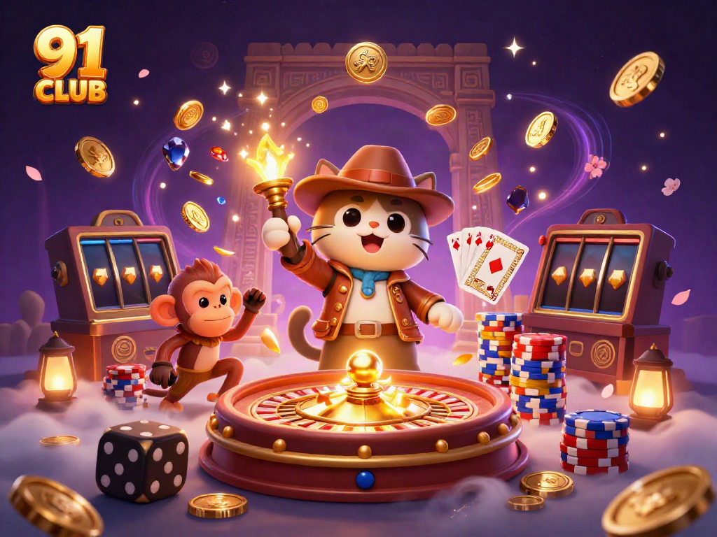 Engage with the 91 CLUB as a cat archaeologist uncovers treasures in a dynamic casino scene.