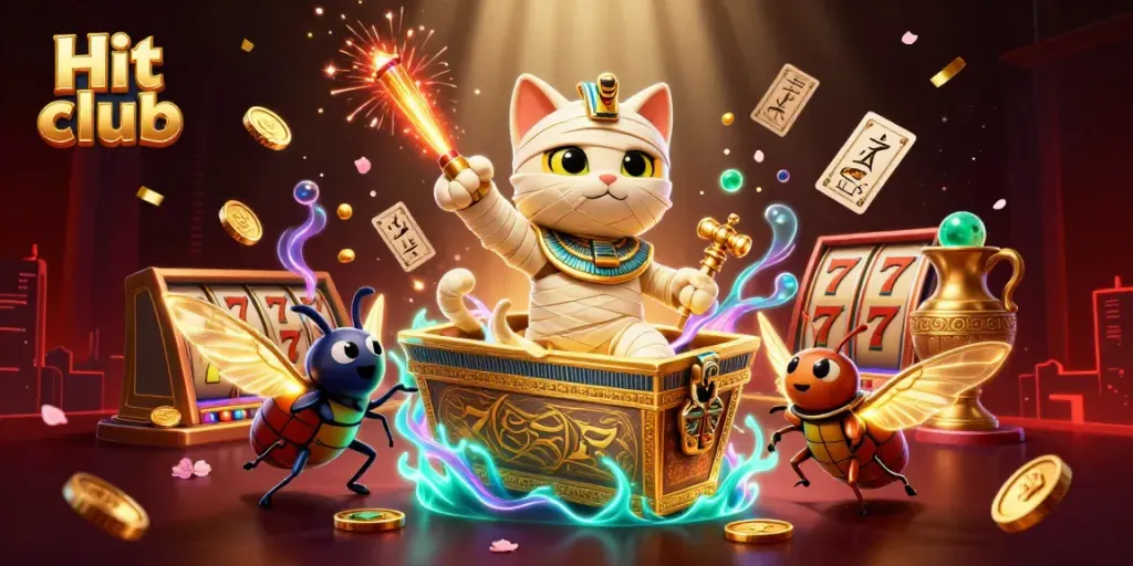 Engage with the Hit club theme as a mummy cat bursts from a sarcophagus in a lively casino scene.