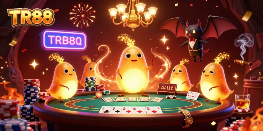 Engage with TR88 in an exciting cave casino, featuring vibrant glowworms and poker elements.