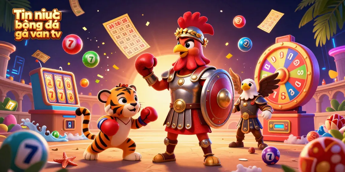 Tin tức bóng đá gà vàng tv animated illustration showcasing a bold gladiator rooster amidst energetic gambling elements.