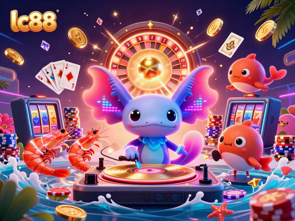 Experience thrilling gaming action with lc88's vibrant underwater casino illustration featuring a DJ axolotl.