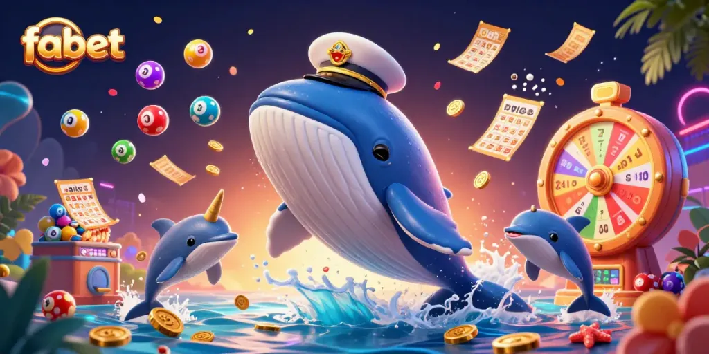 Experience vibrant gambling excitement with fabet's dynamic casino-themed illustration featuring playful whales and dolphins.