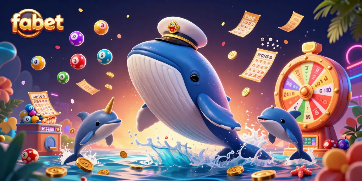 Experience vibrant gambling excitement with fabet's dynamic casino-themed illustration featuring playful whales and dolphins.