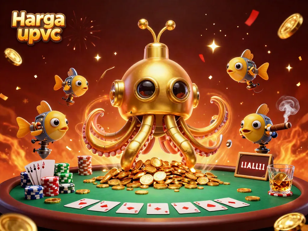 Witness the dynamic scene of a golden kraken submarine surrounded by poker elements, showcasing Harga pintu upvc.