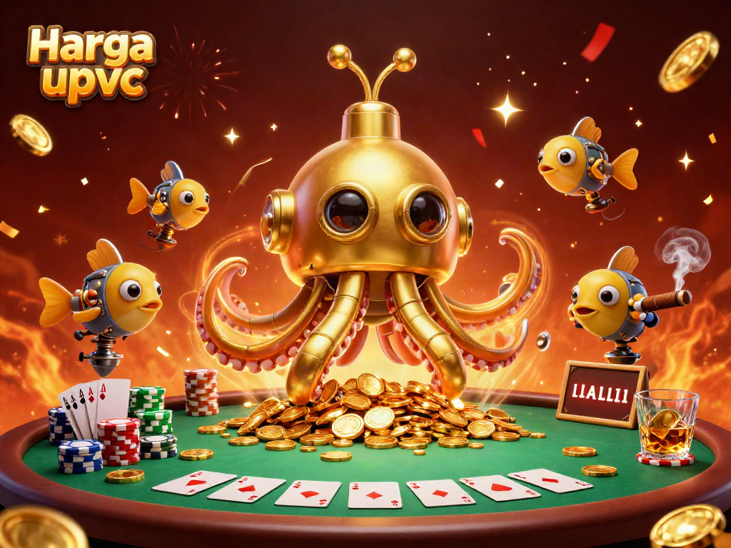 Witness the dynamic scene of a golden kraken submarine surrounded by poker elements, showcasing Harga pintu upvc.