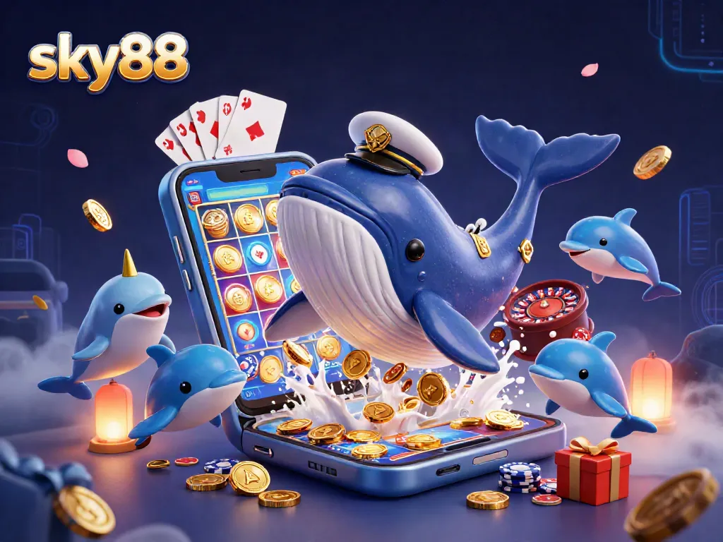 Experience excitement with sky88's vibrant 3D casino scene featuring playful dolphins and golden treasures.