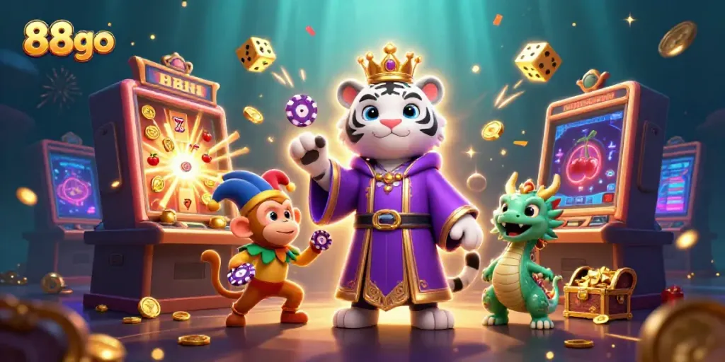 Engage with the 88go casino scene featuring an elegant tiger and playful monkey amidst vibrant game elements.