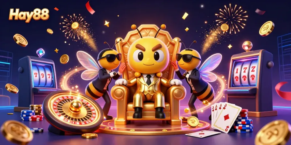 Experience thrilling gambling action at Hay88 with vibrant casino elements and characters in a dynamic 3D scene.