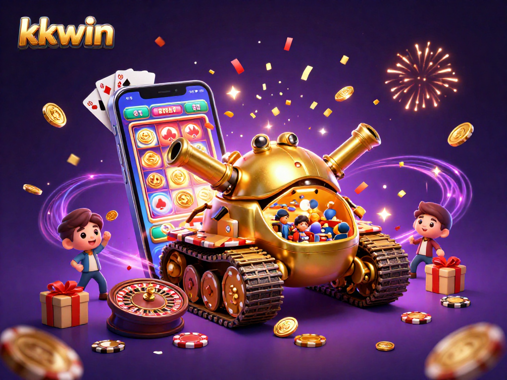 Play thrilling casino games with kkwin in this vibrant scene featuring a golden beetle tank and a mini casino.