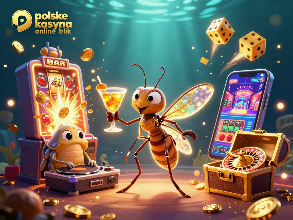 Engaging illustration of polskie kasyna online blik featuring a cartoon mosquito mascot, trilobite DJ, and dynamic casino elements.