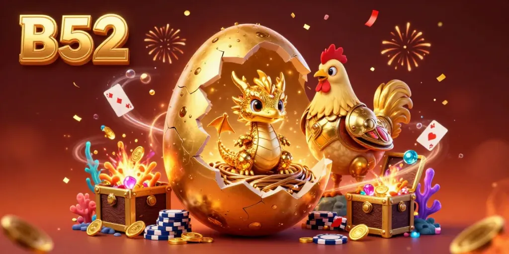 B52 promotes jackpot excitement with a golden dragon and poker chips illustration, capturing casino thrill.