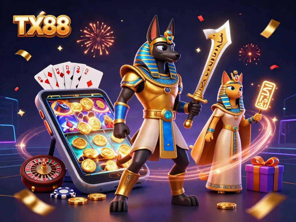 Experience thrilling gameplay with TX88 on a vibrant 3D illustration featuring ancient characters.