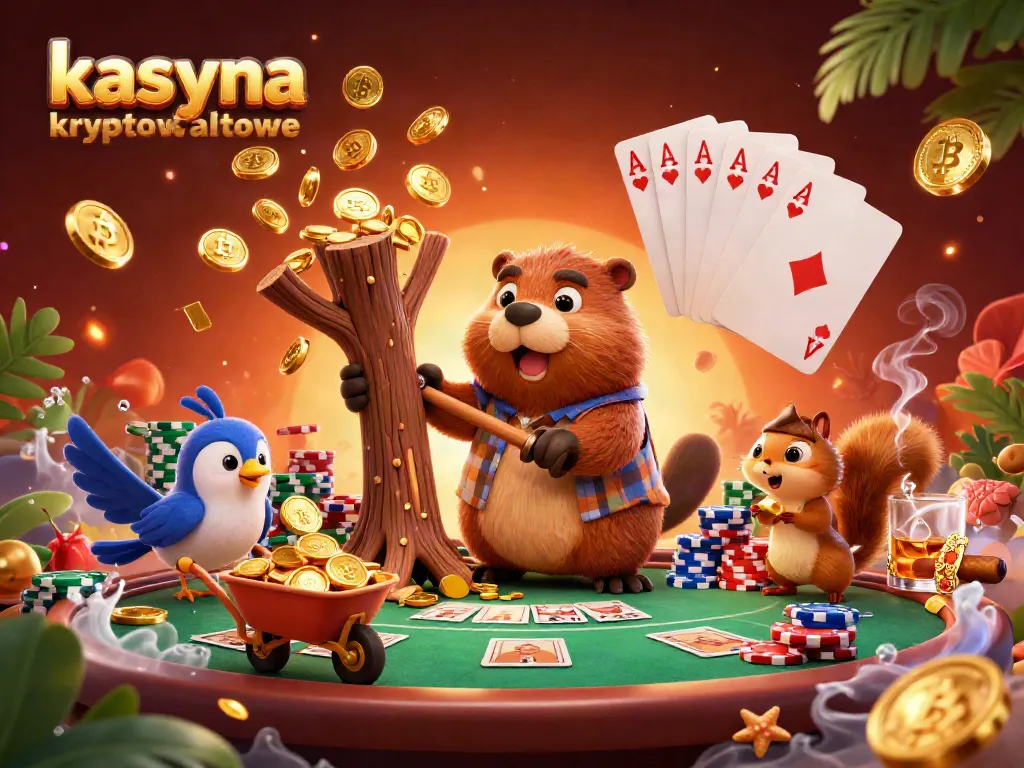 Engage in kasyna kryptowalutowe with animated beaver collecting gold coins amidst colorful poker elements.