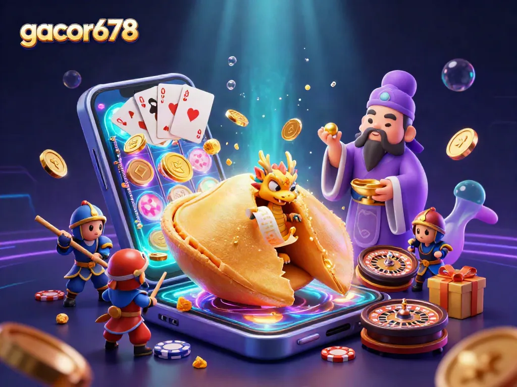 Engage with gacor678 gaming adventures featuring a giant fortune cookie and dynamic casino elements.