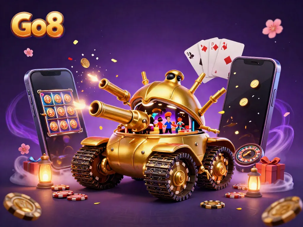 Experience the thrill of Go8's exclusive casino with a dynamic illustration of a golden beetle tank.