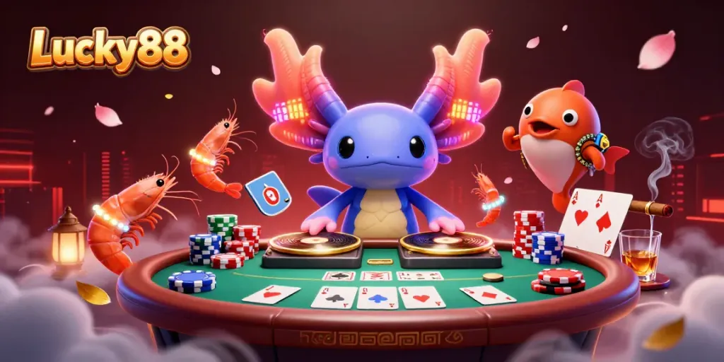 Experience the excitement of Lucky88 with vibrant 3D characters enjoying a lively poker scene.