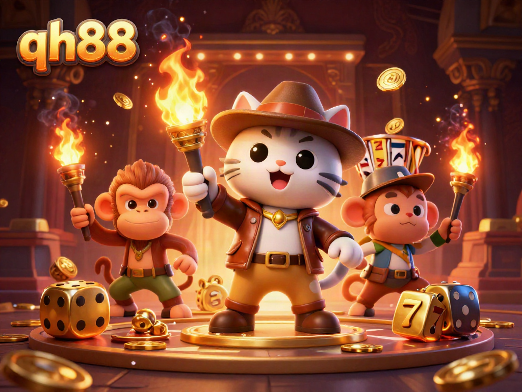 Experience thrilling adventures with the qh88 gaming exploration scene, showcasing a cat archaeologist and golden casino artifacts.