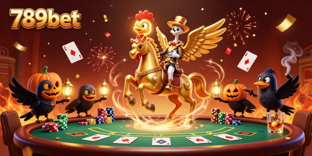 Experience vibrant 3D casino excitement with 789bet's golden rooster character and poker elements.
