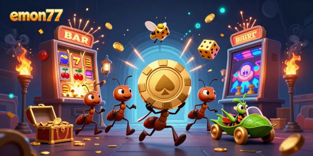 Experience the excitement of emon77 with ants heisting poker chips amidst a jackpot explosion.