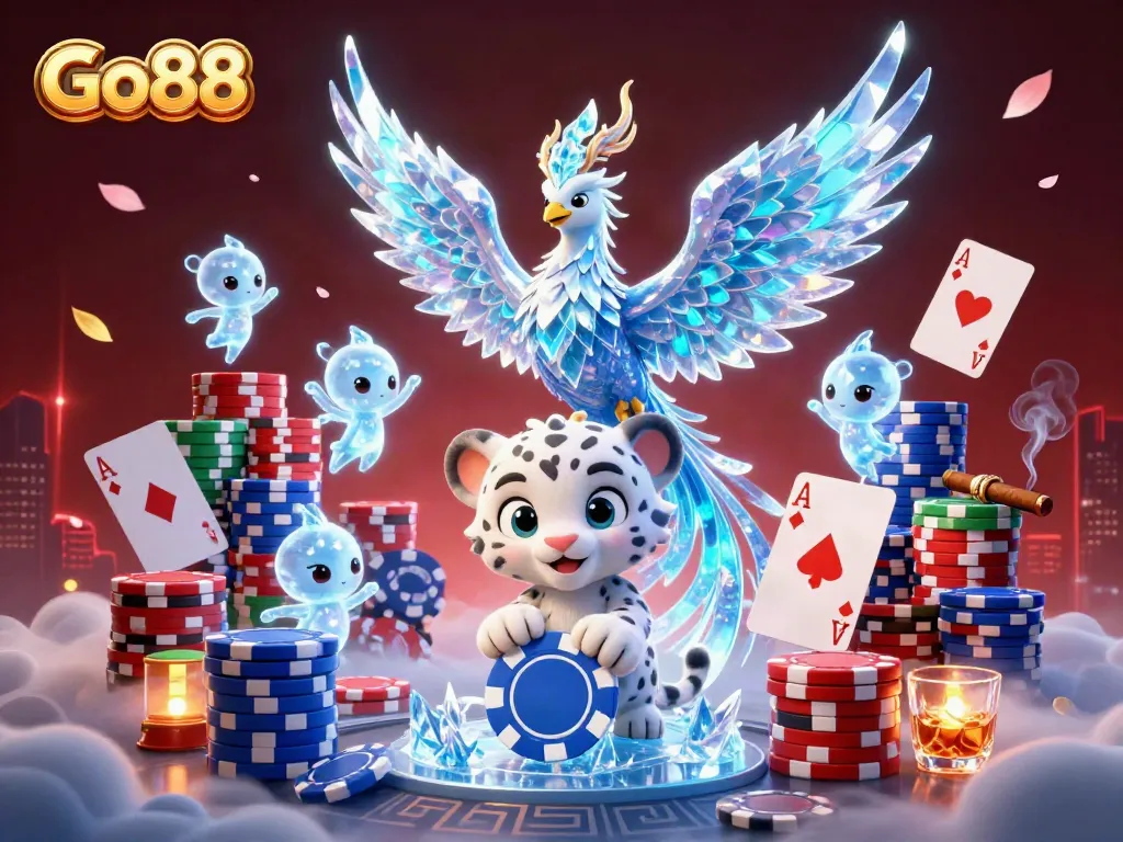 Engage in exciting gameplay with Go88's vibrant poker scene featuring colorful poker chips and unique characters.