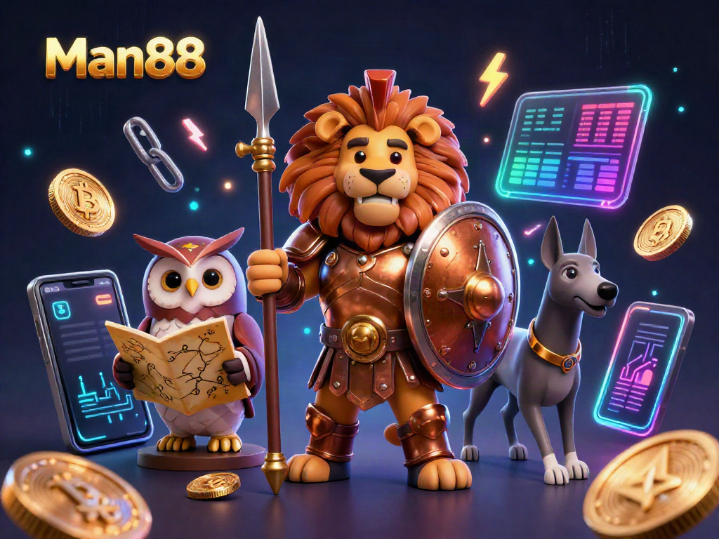 Experience thrilling gameplay at Man88 with a vibrant 3D depiction of casino elements, vivid characters, and crypto coins.
