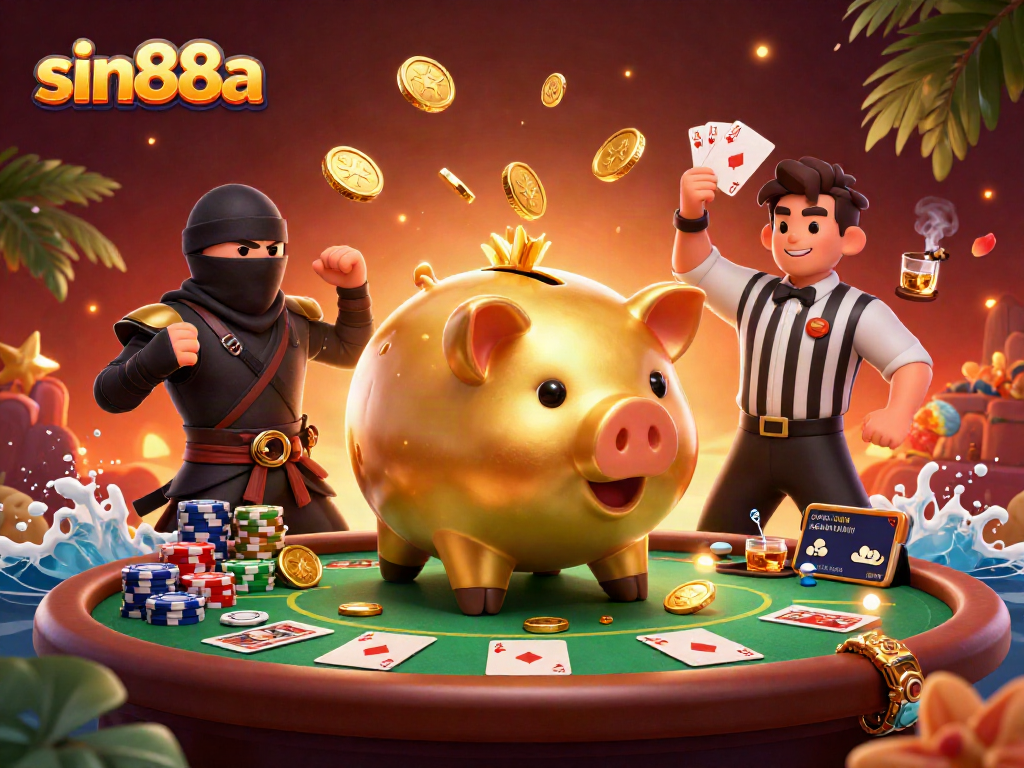 Engage with sin88a as the sumo piggy bank unleashes golden coins at a lively poker scene.