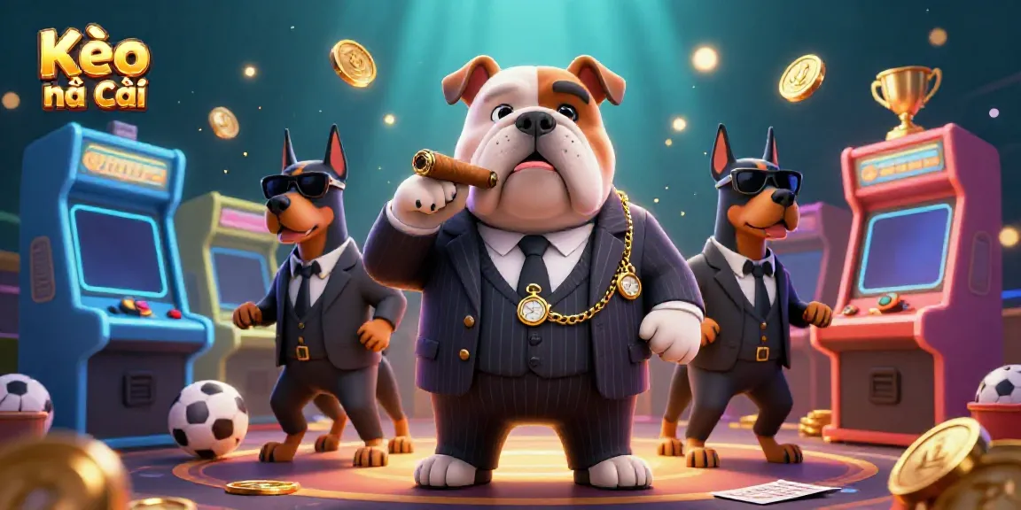 Kèo nhà cái shows vibrant betting scene with a bulldog mafia boss and his Doberman bodyguards amid colorful arcade elements.