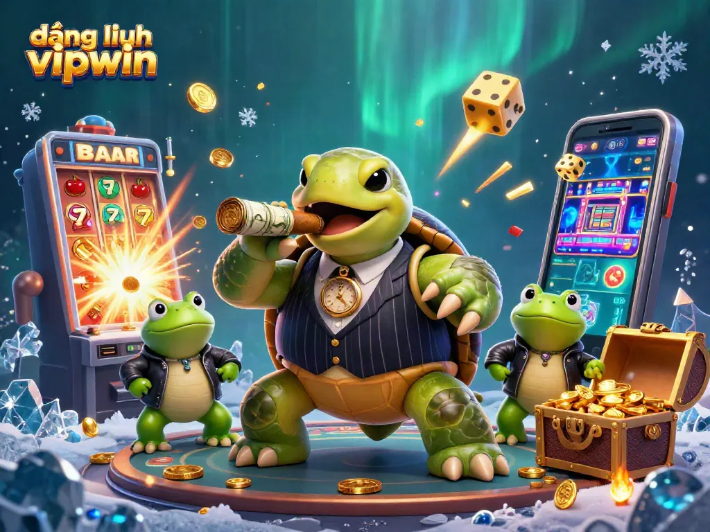 Engage in đăng nhập vipwin with a dynamic casino scene featuring a vintage mobster turtle and vibrant game elements.