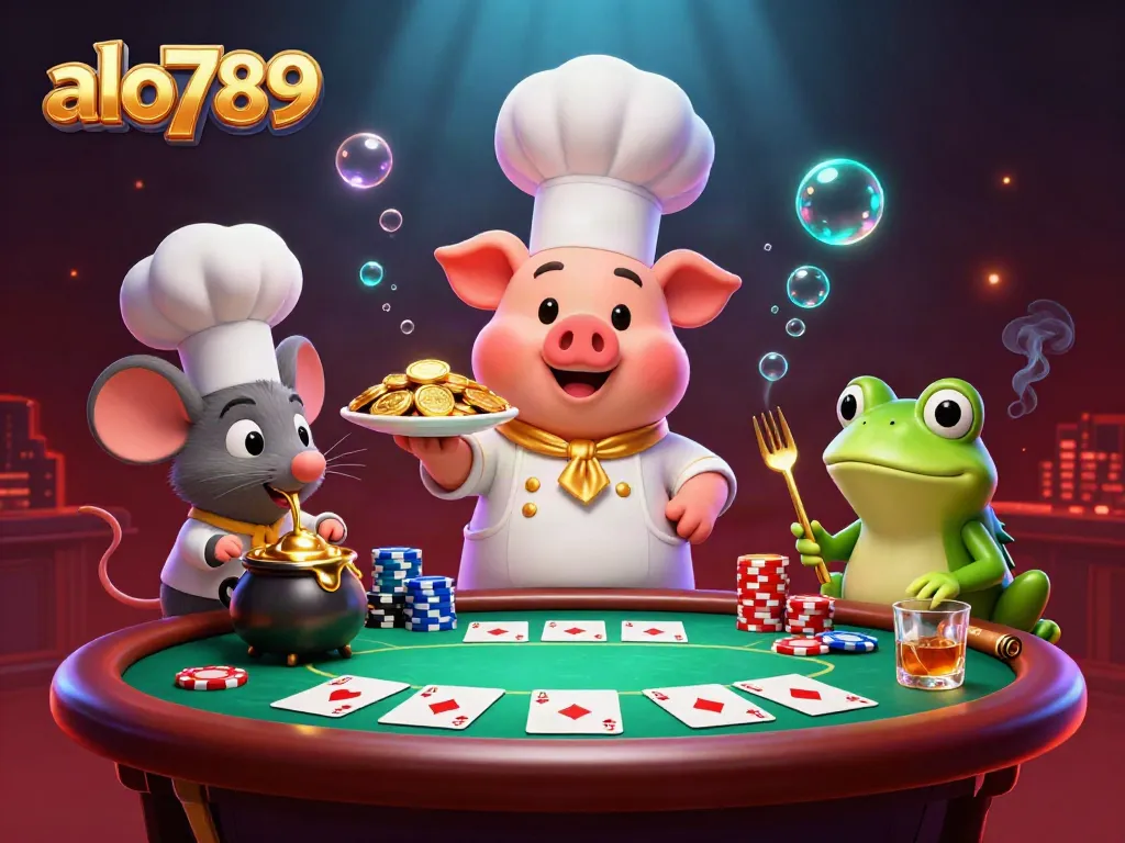 Experience exciting poker games with alo789's vibrant scene featuring a chef pig serving gold coins.