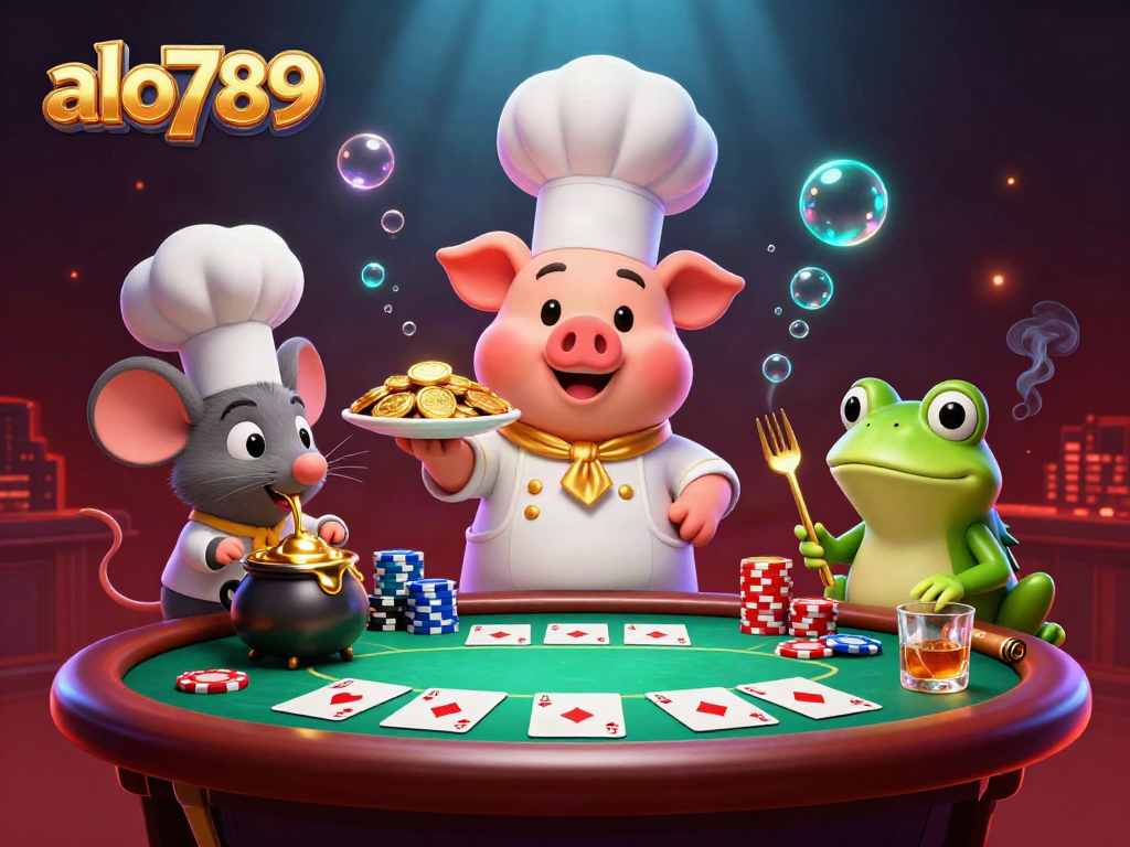 Experience exciting poker games with alo789's vibrant scene featuring a chef pig serving gold coins.